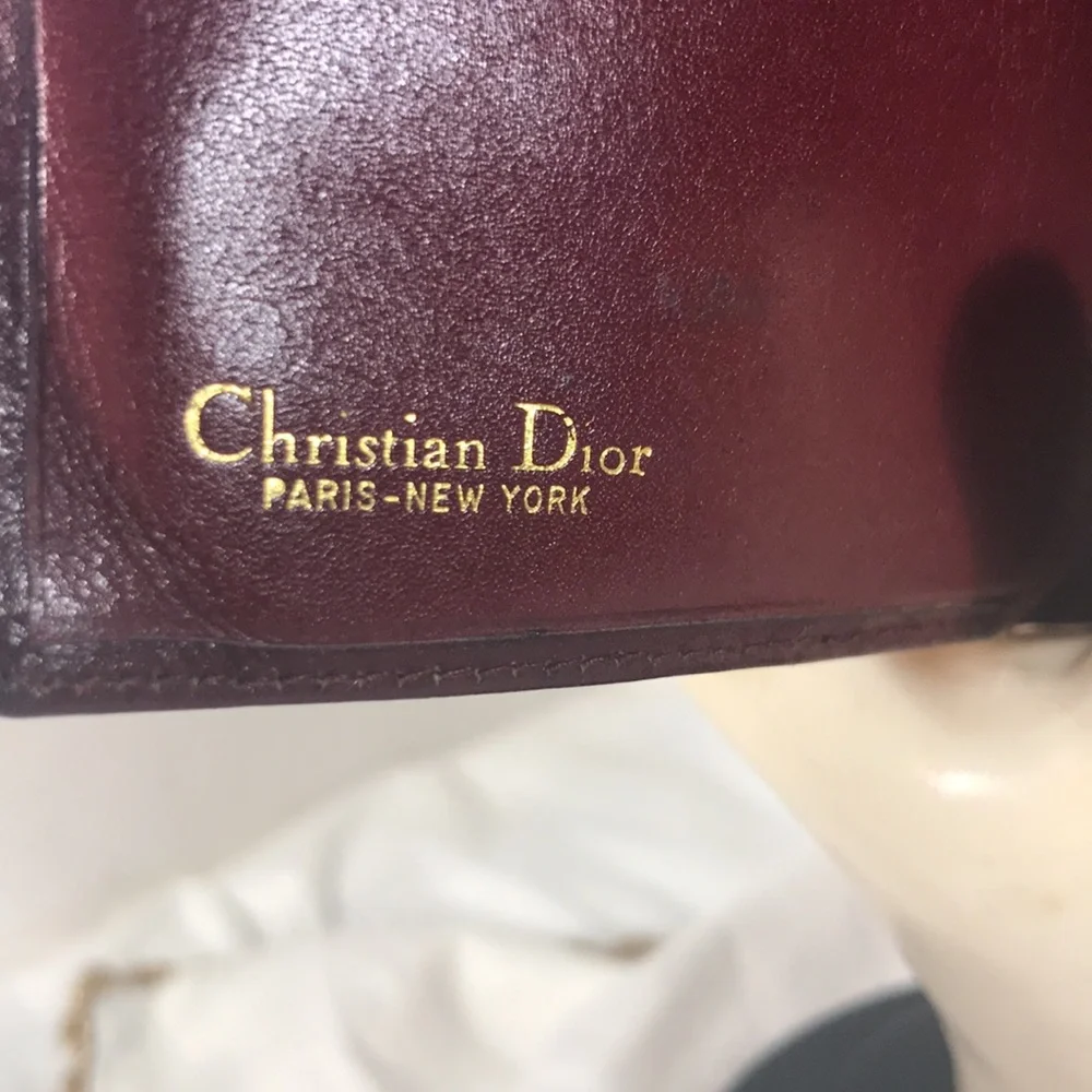 Christian Dior Vintage Burgundy Leather Trifold Kiss Lock Clutch Wallet